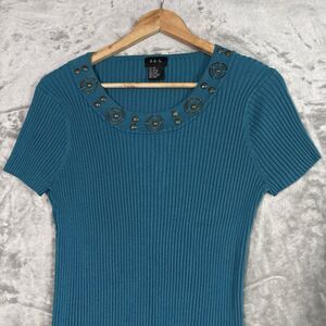 VTG  R.Q.T. Teal Ribbed Knit Top XL Embellished Neckline Y2K Office Siren Tee